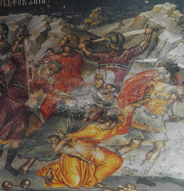 Λεπτομέρεια από τη Σφαγή των Νηπίων - Ιερά Μονή Σταυρονικήτα, Τοιχογραφία Θεοφάνους από το Καθολικό, 16ος αι. μ.Χ. 