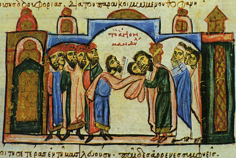 Η μεταφορά του αγίου μανδηλίου από την Έδεσσα στην Κωνσταντινούπολη το 944. Παρατηρήστε τον αυτοκράτορα που υποδέχεται την αχειροποίητη εικόνα και ασπάζεται την μορφή του Χριστού. Μικρογραφία από εικονογραφημένο χειρόγραφο του 12ου αιώνα του έργου "Σύνοψις Ιστοριών" του χρονογράφου Ιωάννη Σκυλίτζη. Μαδρίτη, Biblioteca Nacional de España.