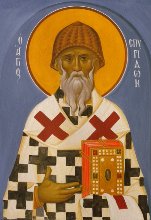 Άγιος Σπυρίδων ο Θαυματουργός, επίσκοπος Τριμυθούντος Κύπρου - Ι. Ν. Οσίων Παρθενίου και Ευμενίου των εν Κουδουμά, δια χειρός Παναγιώτη Μόσχου (2006 μ.Χ.)